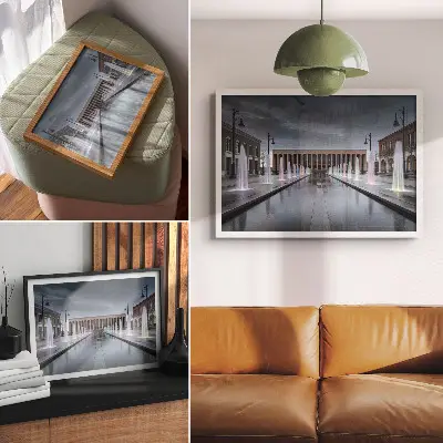 Väggposter med motiv av fontäner och modern arkitekturbelysning