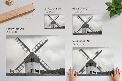 Stilren väggposter En svartvit väderkvarn i ett fält med hästar