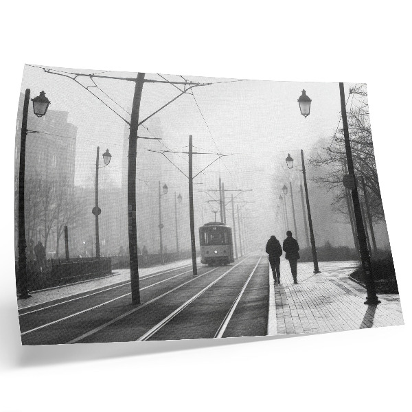 Poster till sovrum Spårvagnsdimma gatlyktor urban atmosfär