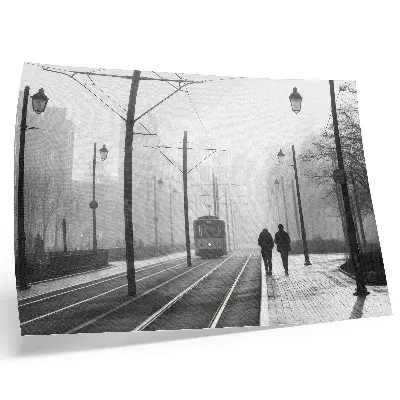 Poster Spårvagnsdimma gatlyktor med urban atmosfär