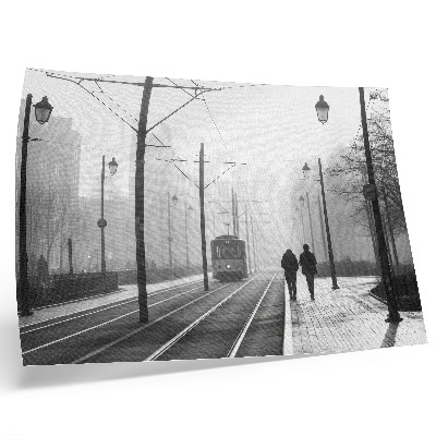 Poster till sovrum Spårvagnsdimma gatlyktor urban atmosfär