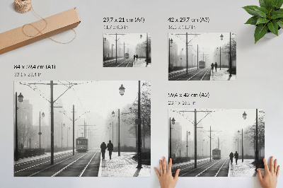 Poster till sovrum Spårvagnsdimma gatlyktor urban atmosfär