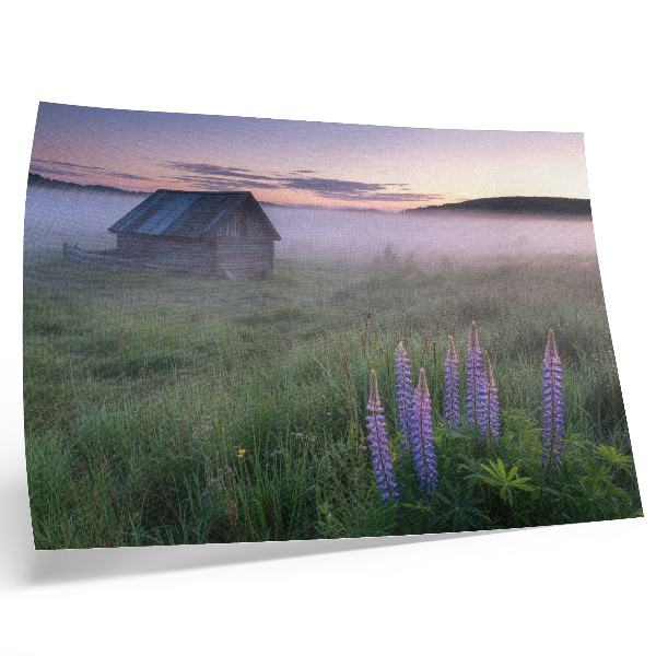 Poster till sovrum Trästuga pittoresk dimma blommor natur
