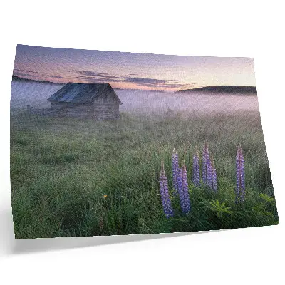 Poster med motiv av en pittoresk trästuga i dimmigt landskap med blommor