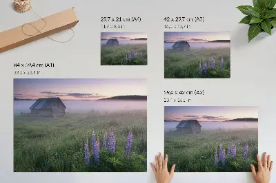 Poster med motiv av en pittoresk trästuga i dimmigt landskap med blommor