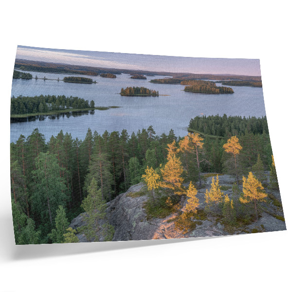 Väggposter Tallskog ö sjö pastell himmel