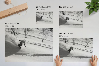 Poster till sovrum Snowboardåkare i aktion snö träd kontraster