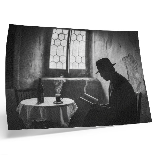 Stilren väggposter Svartvit atmosfär, man med en bok, klassisk elegans