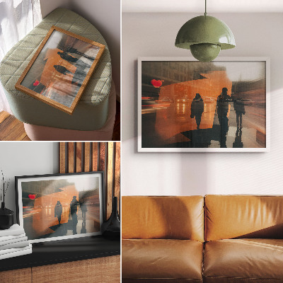 Poster Stad på kvällen, neonorange reflektioner