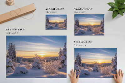 Stilren väggposter Vinterlandskap med snö och sol vid horisonten