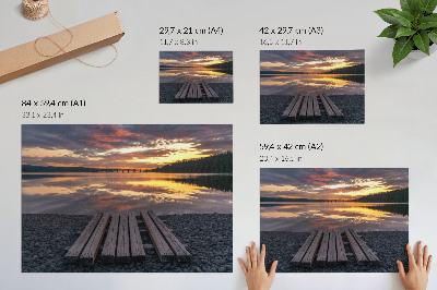 Poster till sovrum Sjö i solnedgången, varma träfärger