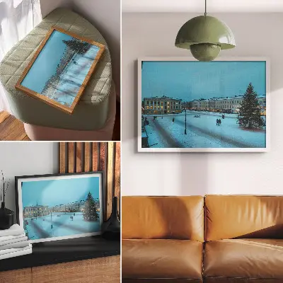 Väggposter vinterlandskap med klassisk arkitektur och julstämning