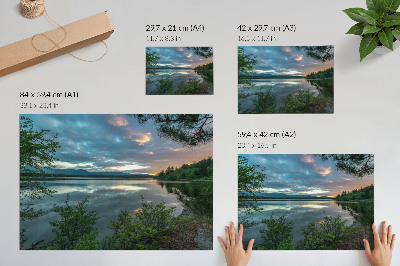 Poster Sjöreflektioner himmel gröna träd lugn