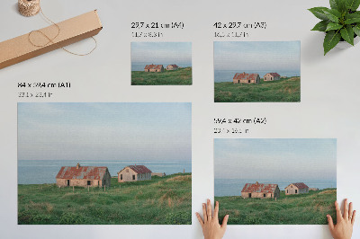 Väggposter Rustika byggnader gröna ängar hav