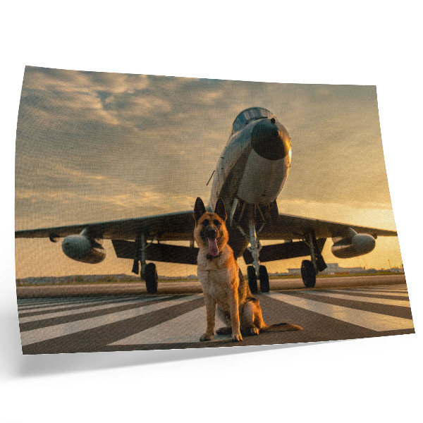 Väggposter Hund och flygplan i solnedgången - en unik syn