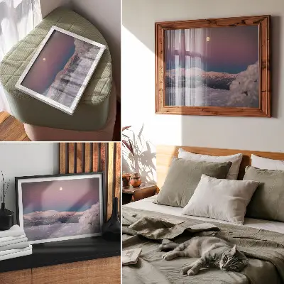 Poster snötäckta berg med pastellrosa måne