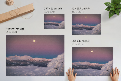 Poster Snötäckta berg pastellrosa måne