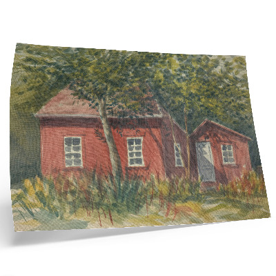 Väggposter Trähus, träd, rik grönska, idyllisk