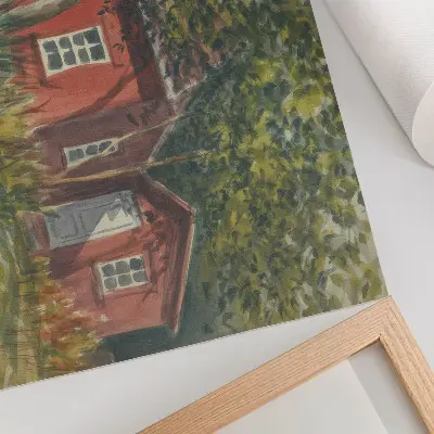 Väggposter med motiv av trähus, träd och rik grönska i idyllisk miljö
