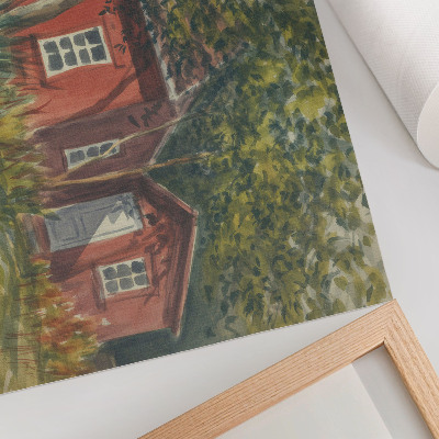 Väggposter Trähus, träd, rik grönska, idyllisk