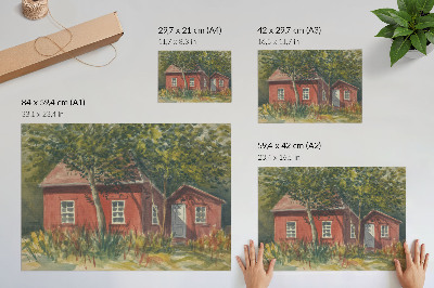 Väggposter Trähus, träd, rik grönska, idyllisk