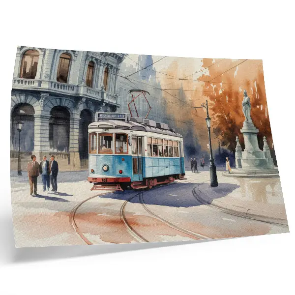 Väggposter akvarell med vintage stadsspårvagn i elegant stil