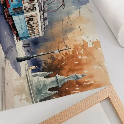 Väggposter akvarell med vintage stadsspårvagn i elegant stil