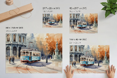 Väggposter Vintage stadsspårvagn akvarell elegans