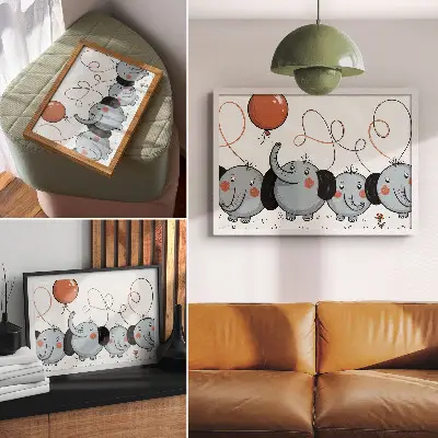 Väggposter elefanter med ballonger som står för renlighet, lek och glädje