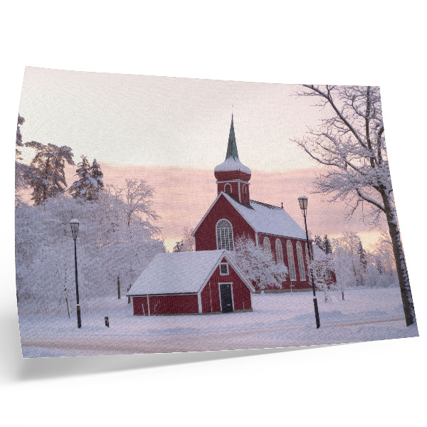 Väggposter Röd kapell vinter snöiga träd pastellfärgad himmel