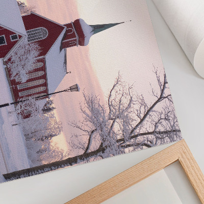 Väggposter Röd kapell vinter snöiga träd pastellfärgad himmel