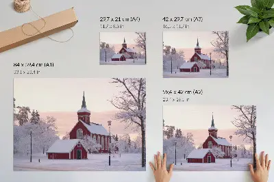 Väggposter med motiv av rött kapell i snölandskap med pastellfärgad himmel
