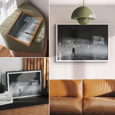 Väggposter nattstad i dimma med monumental byggnad