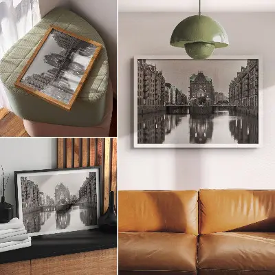 Poster kanal med industribyggnader och reflektioner i vattnet