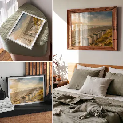 Poster med motiv av vita hus med havsutsikt i solnedgång