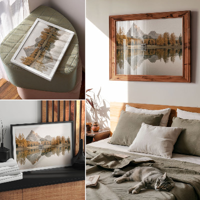 Väggposter Berg, reflektion, stuga, gyllene träd, lugn sjö