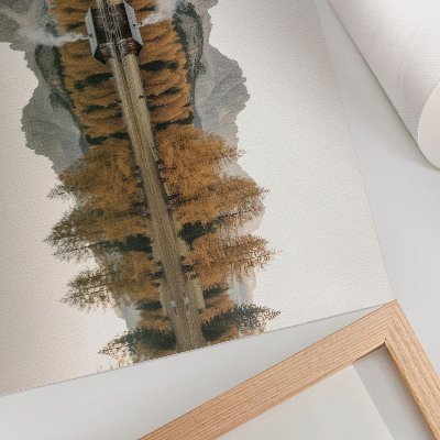 Väggposter Berg, reflektion, stuga, gyllene träd, lugn sjö