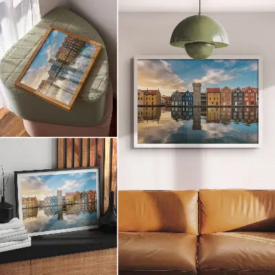Väggposter Färgglada hus med arkitektoniska vattenreflektioner