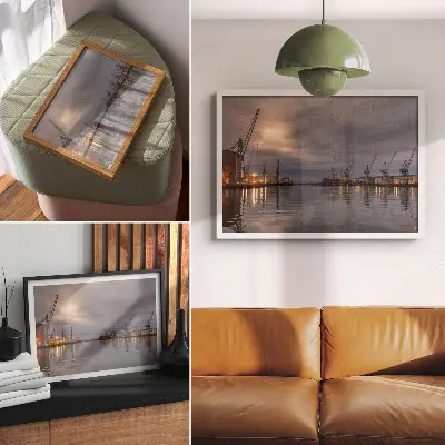 Väggposter atmosfäriska hamnkranar som reflekteras i vattnet