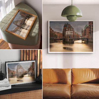 Väggposter Atmosfärisk arkitektur, bro, kväll, lugnt vatten