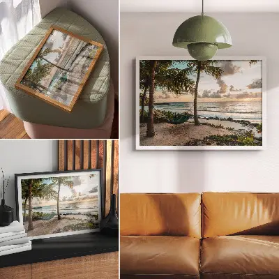 Väggposter med tropiskt strandmotiv palmer och hängmatta som skapar en oas av avkoppling
