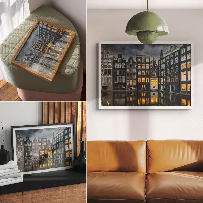 Väggposter hyreshus vid kanalen med mysig reflektionsatmosfär