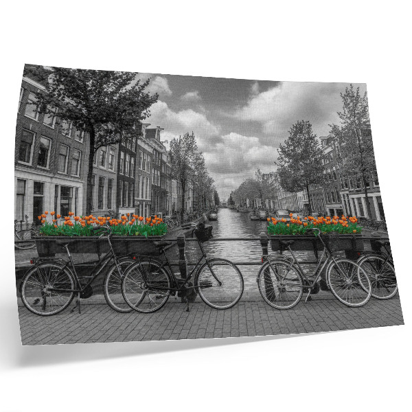 Stilren väggposter En charmig utsikt över kanalen, cyklar, tulpaner, svart och orange