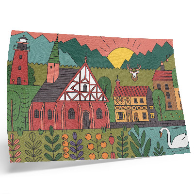 Väggposter Färgglada hus berg rådjur svan grönt landskap
