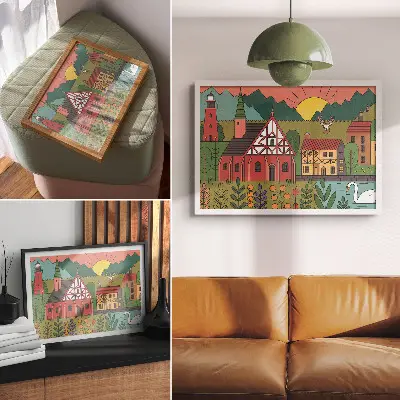 Väggposter med motiv av färgglada hus, berg, rådjur och svan i ett grönt landskap