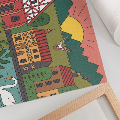 Väggposter Färgglada hus berg rådjur svan grönt landskap