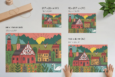 Väggposter Färgglada hus berg rådjur svan grönt landskap