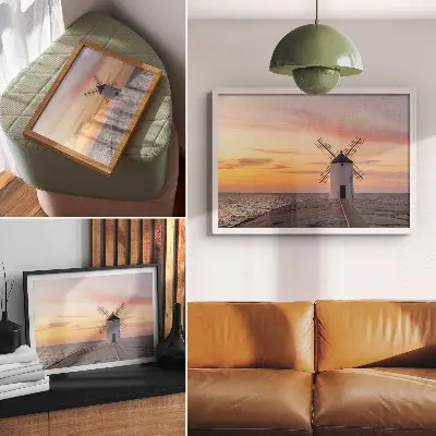 Poster till sovrum väderkvarn i solnedgång vid havet med pastellfärgad himmel