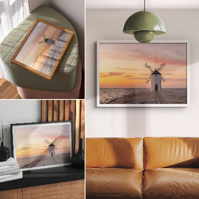 Poster till sovrum Väderkvarn i solnedgångsljuset, havet, pastellhimmel