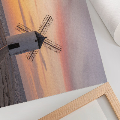 Poster till sovrum Väderkvarn i solnedgångsljuset, havet, pastellhimmel